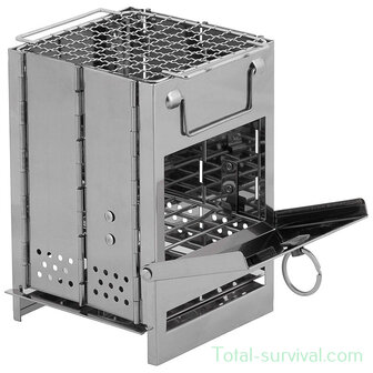 Fox outdoor Buitenkachel RVS, &quot;Rocket Stove&quot;, Compact opvouwbaar met grill