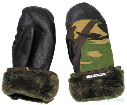 Dutch army mittens lined, &quot;ECW&quot;, with leather palm, Woodland DPM