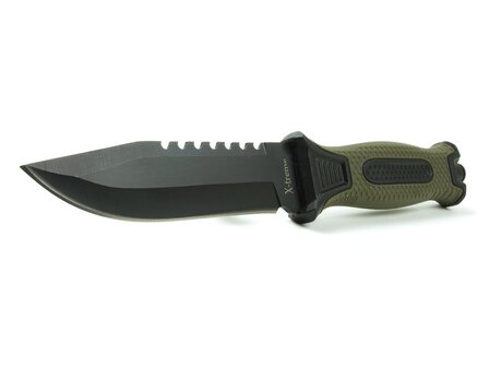 X-Treme Tactical Rescue field knife with saw blade and plastic sheath, black/green
