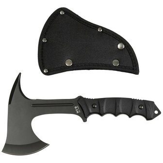 MFH Compact Tomahawk ax &quot;Comox&quot; with G10 handle and nylon cover, black