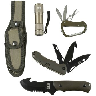 Fox outdoor knife set with plastic handle, flashlight and multi-tool, OD green