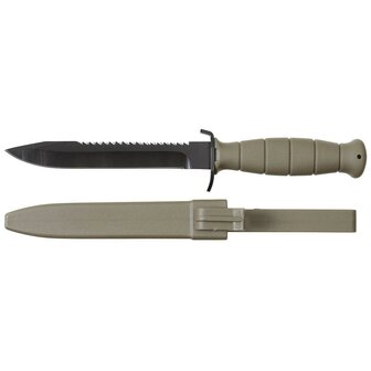 Couteau de terrain MFH Bundesheer FM81 avec lame de scie et &eacute;tui en plastique, vert olive