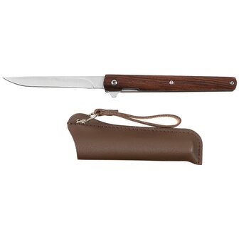 Fox outdoor bushcraft folding knife with wooden handle, 21 cm, leather sheath