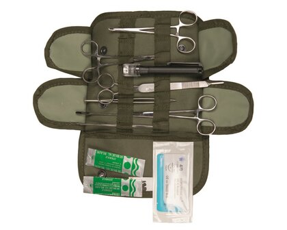 Mil-Tec US Kit chirurgical 12 pi&egrave;ces avec sac, vert olive
