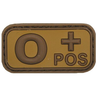 Blood type patch &quot;O Pos&quot; 3D, dark coyote