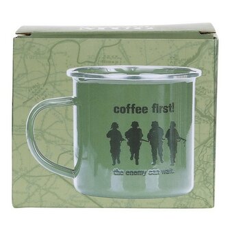 Fosco Emaille mok &quot; Coffee First ! &quot; 300 ml