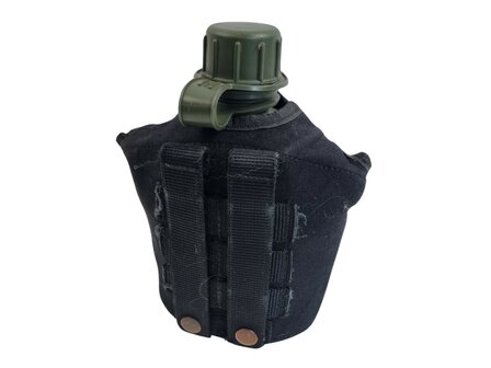 KL landmacht veldfles 1QT met RVS beker en zwarte Molle tas 