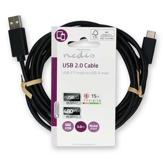 Nedis USB 2.0 cable 3.0M, USB-A &lt; &gt; USB-C, 15W, 480 Mbps