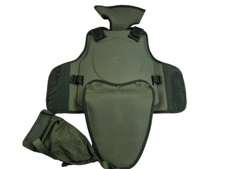 Protections torse / entrejambe French Riot Gear hardshell niveau 2 BS7971-4:2001, avant +  toque