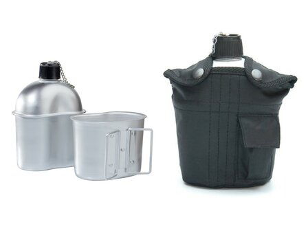 AB US Aluminium Feldflasche 1l mit Becher und Tasche, schwarz