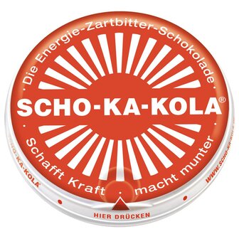 SCHO-KA-KOLA cafe&iuml;ne chocolade 100 gram in blik, bitterzoet