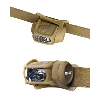 Mil-Tec tactische LED hoofdlamp 4-kleuren, 3x AAA, coyote tan
