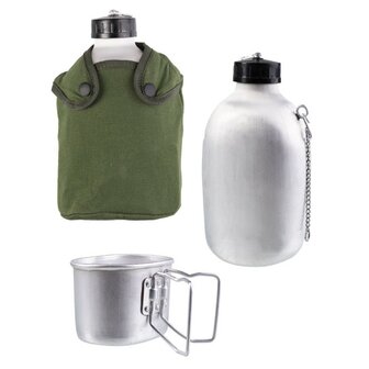 Mil-Tec Franse veldfles set 1,3L aluminium met beker en hoes, olijfgroen