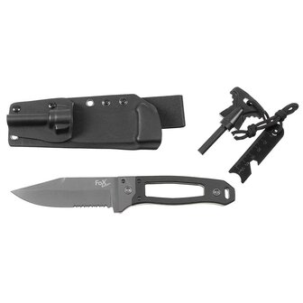 Fox outdoor Scorpion Survival mes met G-10 handvat en vuursteen, Kydex schede, zwart/grijs