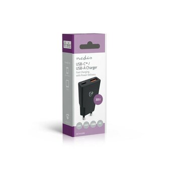 Nedis USB oplader 30 W GaN PD3.0 30W, Snellaad functie, Automatische Voltage Selectie, zwart