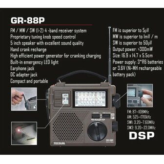 Tecsun Mehrband-Weltradio / Notfallradio AM/FM/SW mit LED-Lampe und Batterie, Kurbelmechanismus, Laub gr&uuml;n