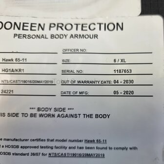 Cooneen Defence soft armour body vest ballistisch klasse HGA1+KR1, zwart