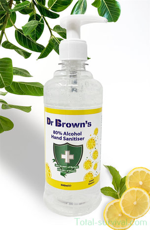 Dr. Brown's gel désinfectant pour les mains 500 ml, 80% d'alcool, avec distributeur, lemon