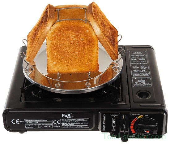 Fox outdoor Camping toaster, foldable, for 4 discs, with tongs, Stainless Steel