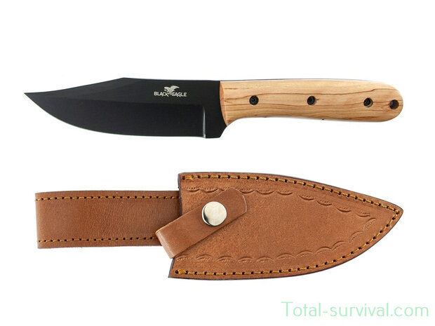 Couteau Black Eagle Bushcraft noir avec manche en bois d'olivier