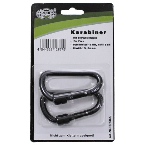 MFH Carabiner, screw cap, D 8mm x 8cm, 2-pack, black