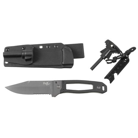 Couteau Fox outdoor Scorpion Survival avec manche G-10 et silex, étui Kydex, noir/gris