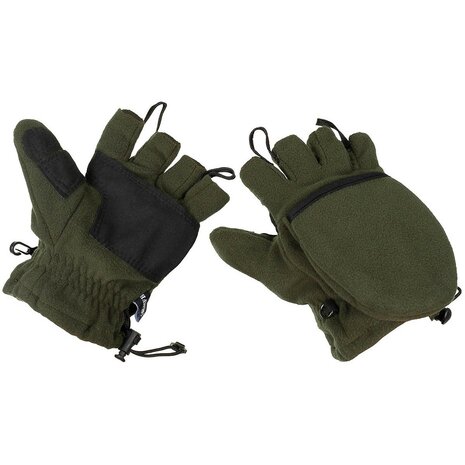 MFH Fleece gloves, fold-back with pull loops, OD green
