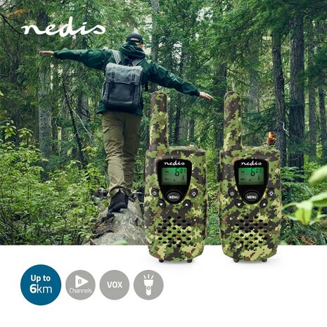 Nedis TK0810 Ensemble talkie-walkie de communication PTT/VOX avec casques, jusqu'à 8 km, digital woodland