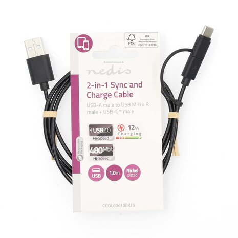 Nedis USB 2.0 2-in-1 cable 1.0M, USB-A < > USB Micro-B / USB-C, 12W, 480 Mbps