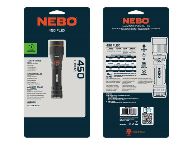 Lampe de poche compacte LED Nebo 450 Flex IP67, rechargeable Li-Ion