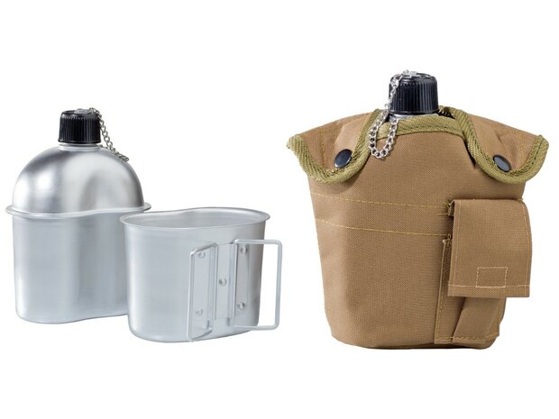 AB US Aluminium Feldflasche 1l mit Becher und Tasche, coyote tan