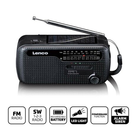 Lenco MCR-113BK emergency radio / world radio AM/FM/SW with LED lamp and battery, wind-up, black