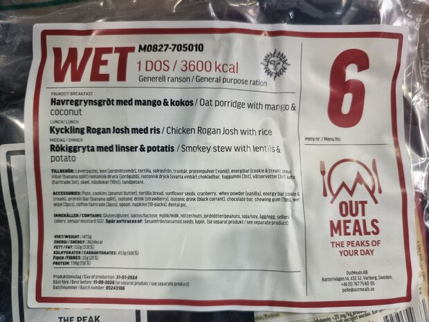 Out Meals MRE Meal Ready-to-Eat 24-Stunden Ration, Menüset 6