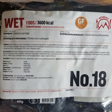 Out Meals MRE V2 Meal Ready-to-Eat 24-uur rantsoen, Menu set 18