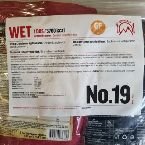 Out Meals MRE V2 Meal Ready-to-Eat 24-uur rantsoen, Menu set 19