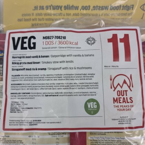 Out Meals MRE Meal Ready-to-Eat 24-uur rantsoen, Menu set 11 (Vegetarisch)