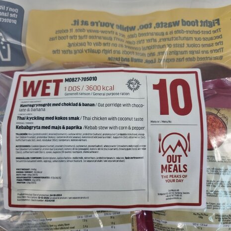 Out Meals MRE Meal Ready-to-Eat 24-uur rantsoen, Menu set 10