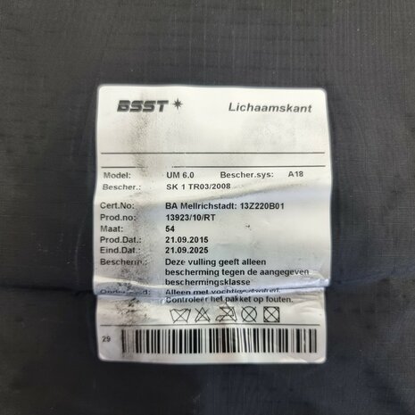 BSST (NL) gilet pare-balles UM6.0 A18 en Kevlar SK1 TR03/2008