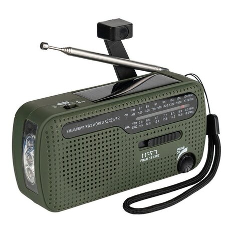 Fosco survival radio / wereldradio AM/FM/SW met LED lamp en accu, opwindbaar, legergroen