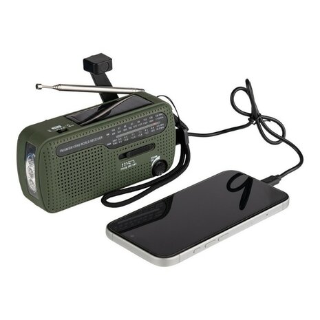 Fosco survival radio / wereldradio AM/FM/SW met LED lamp en accu, opwindbaar, legergroen