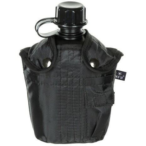 MFH US Veldfles 1L met hoes en alice clips, zwart, BPA vrij