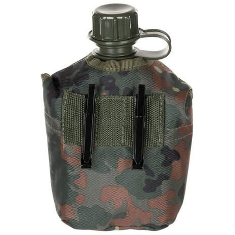 MFH US Veldfles 1L met hoes en alice clips, flecktarn camo, BPA vrij