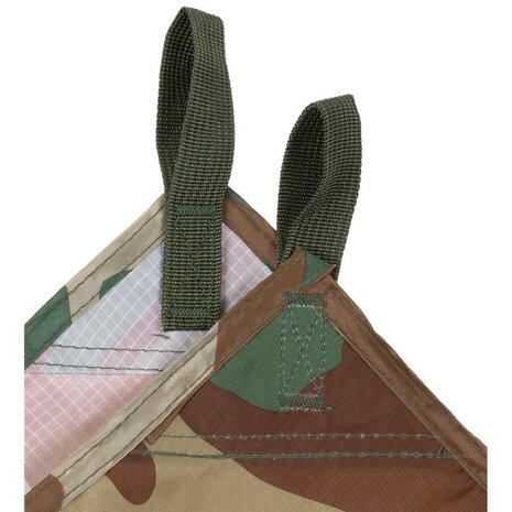 MFH Tarp / Afdekzeil, 210D Oxford polyester rip-stop, Woodland camo, bevestigingslussen, 300 x 300CM