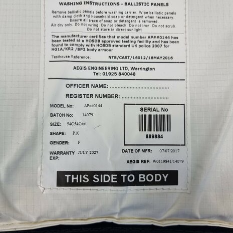 Aegis soft armour body vest ballistisch klasse HG1A+KR2+SP2, zwart