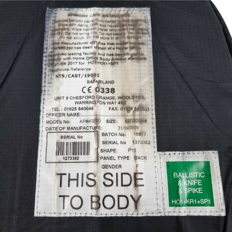 Safariland soft armour body vest ballistisch klasse HO1+KR1+SP1, zwart
