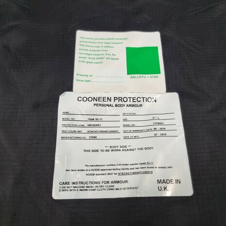 Cooneen Defence soft armour body vest ballistisch klasse HGA1+KR1, zwart