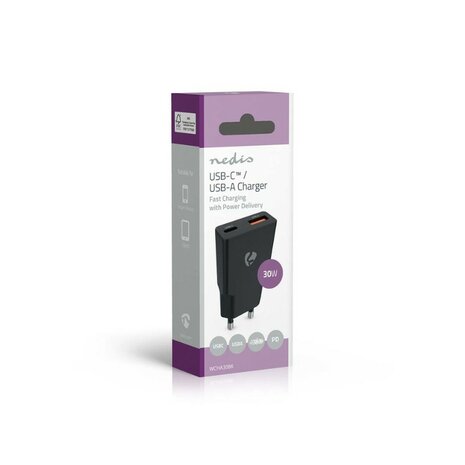 Nedis USB oplader 30 W GaN PD3.0 30W, Snellaad functie, Automatische Voltage Selectie, zwart
