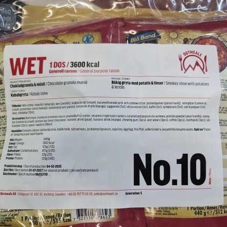 Out Meals MRE V2 Meal Ready-to-Eat 24-uur rantsoen, Menu set 10