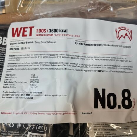 Out Meals MRE V2 Meal Ready-to-Eat 24-uur rantsoen, Menu set 8