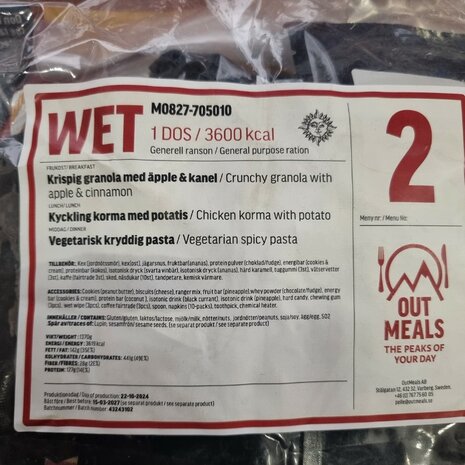 Out Meals MRE Meal Ready-to-Eat 24-uur rantsoen, Menu set 2